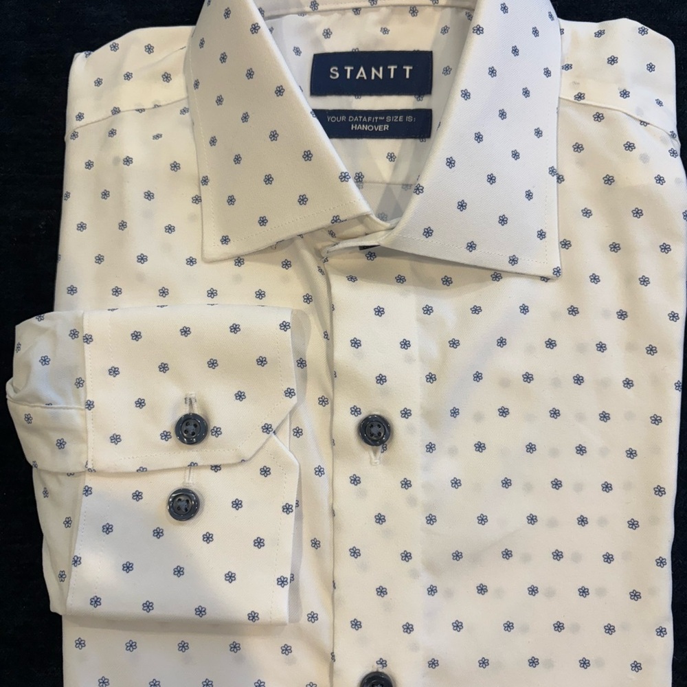Stantt Hanover Fit Performance White Dress Shirt with Navy Floral Geo Pattern